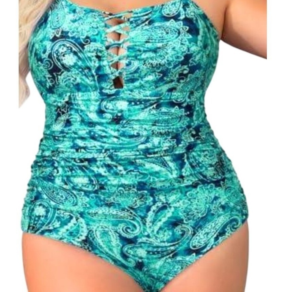 Yonique 16W One Piece Swimsuit Teal‎ Paisley Ruched Lace Up Tummy Control NEW